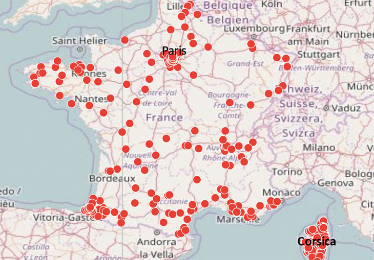 Mapa incydentów terrorystycznych we Francji do roku 2015. (Wikimedia).