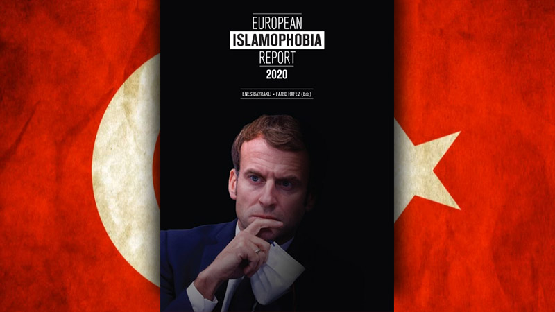 Raport o islamofobii, okładka. Główny oskarżony prezydent Francji Emmanuel Macron. (zdj. okładki islamophobiareport.com)